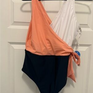 Colorblock Wrap One-Piece Swimsuit in Peach, White & Black